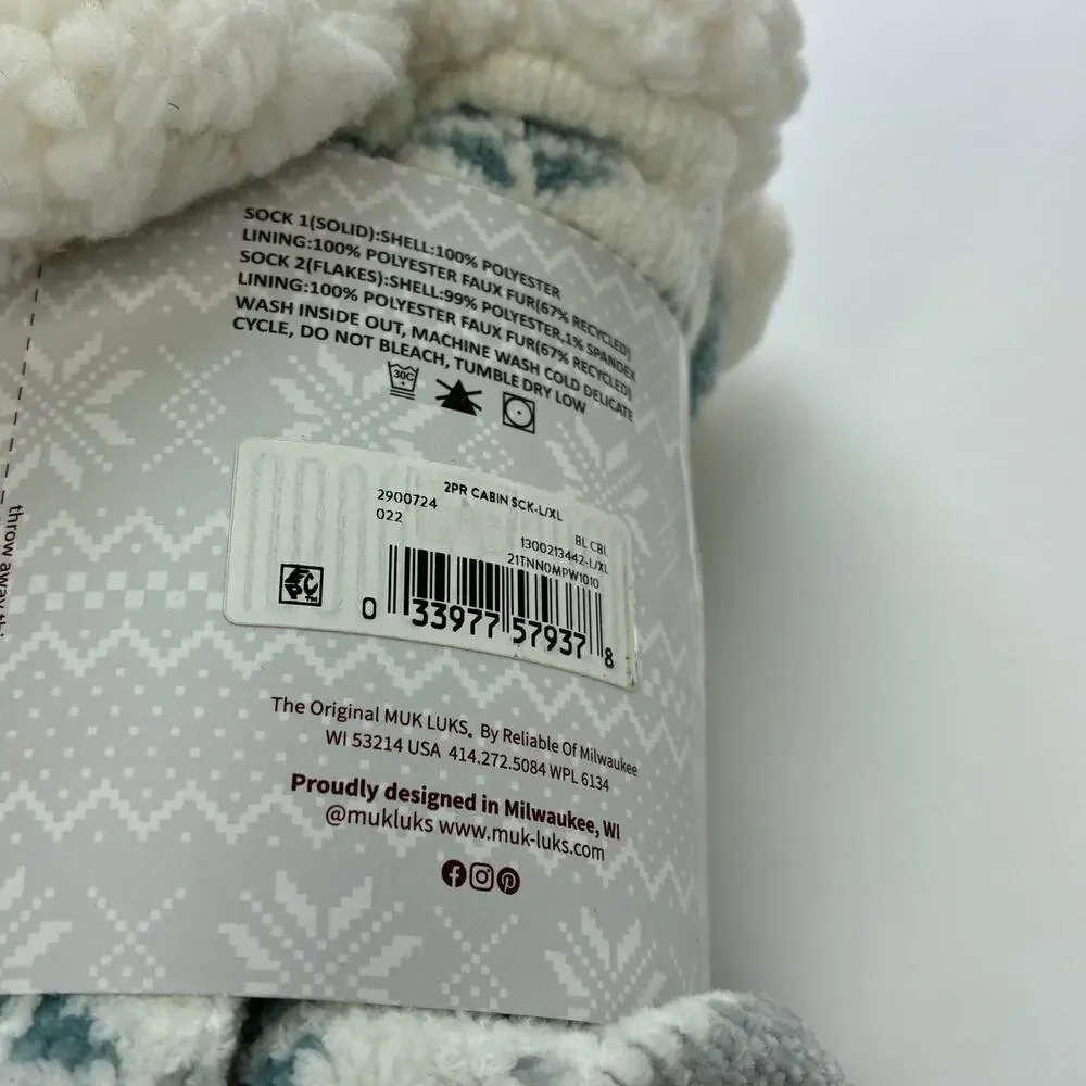 Muk Luks 2 Pair Women's Cabin Socks Blue Gray Fair Isle L/XL (8-10) NWT